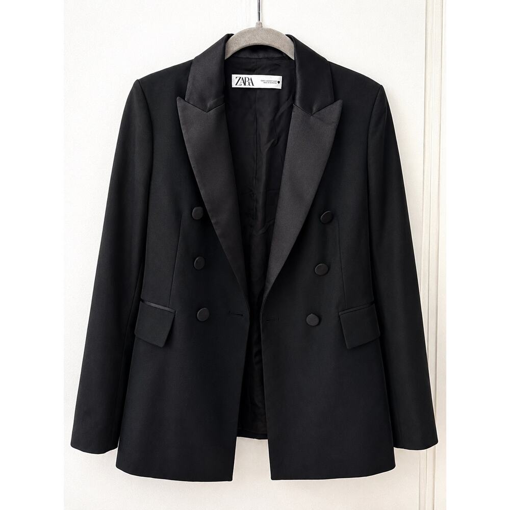 ZARA Black Double Breasted Tuxedo Blazer Satin Lapel Women’s XS EU 34 - Picture 2 of 12
